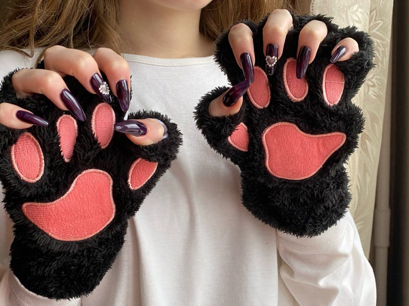 Cat Paw Gloves Winter Cute Cartoon Cat Girl Open Finger Gloves Carousel 5