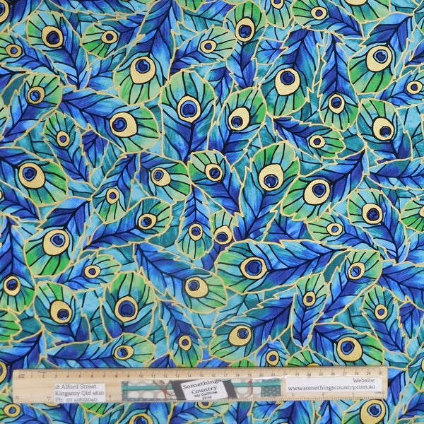 Quilting Patchwork Sewing Fabric Peacock Feather Blue Green 50x55cm FQ Carousel 1