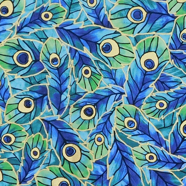 Quilting Patchwork Sewing Fabric Peacock Feather Blue Green 50x55cm FQ Carousel 3