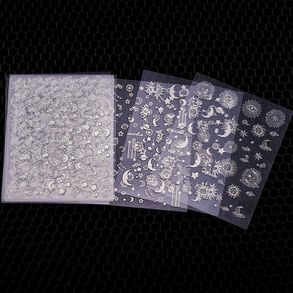 6pcs/set Aurora Gold Silver Nail Stickers 3D Heart Star Moon Flame Carousel 1