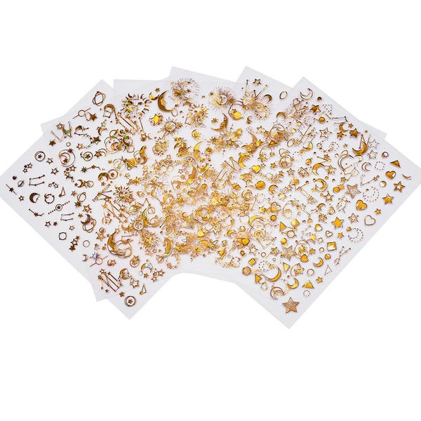 6pcs/set Aurora Gold Silver Nail Stickers 3D Heart Star Moon Flame Carousel 6