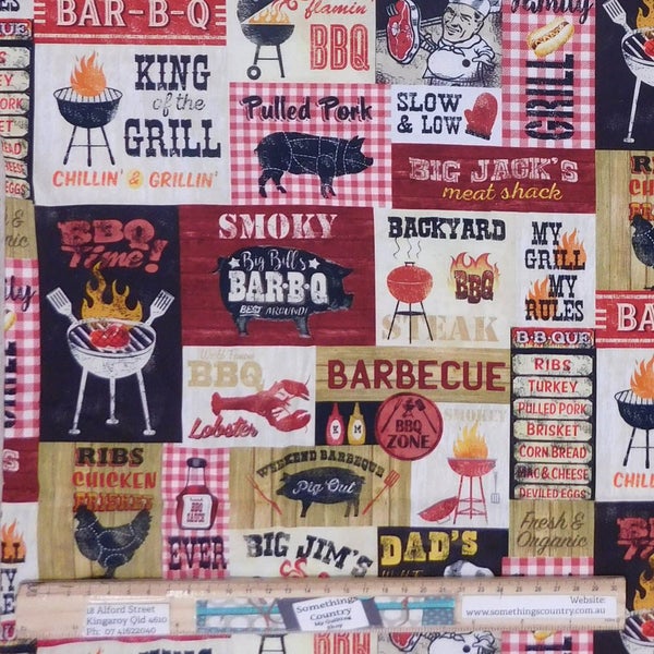 Patchwork Quilting Sewing Fabric BBQ King of the Grill Signs Material 50x55cm FQ Carousel 1