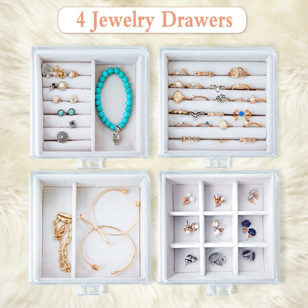 Acrylic Jewelry Box Organizer Earring Rings Holder 4 Velvet Drawers Display Case Carousel 2