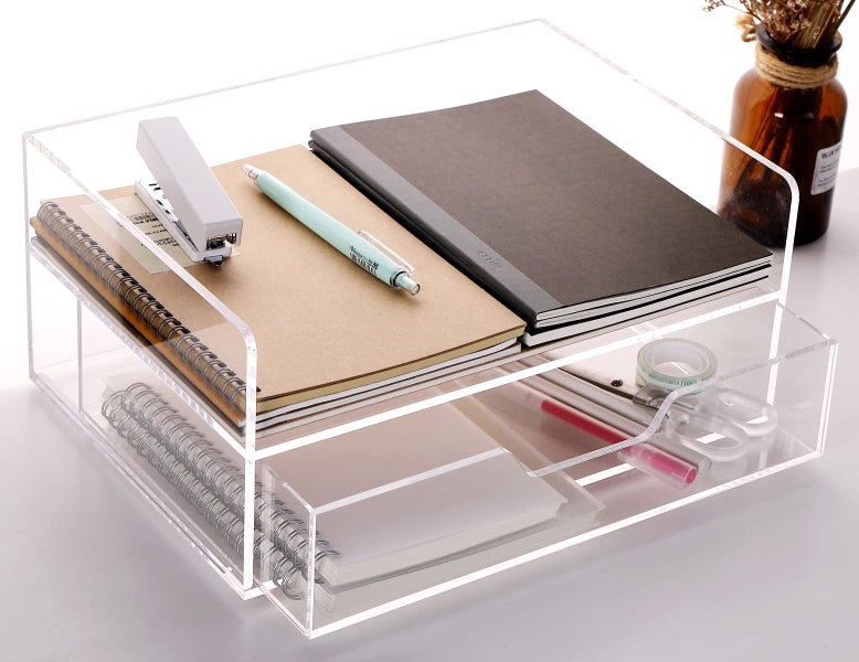 SANRUI Acrylic Desk Organizer with Drawer , 2 Tier Paper Tray for Carousel 1