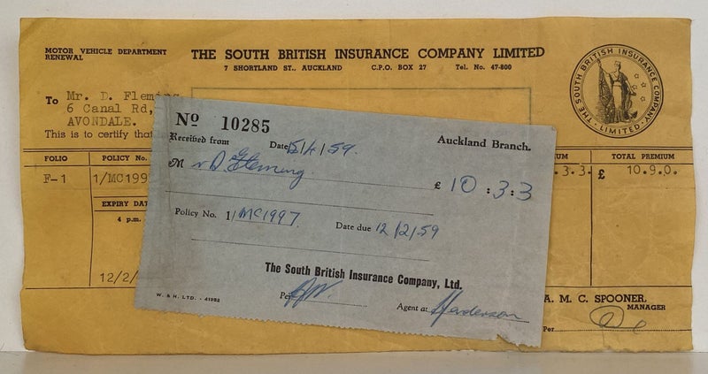 OLD INVOICE / RECEIPT: from The South British Insurance Company, Auckland 1959 Carousel 1