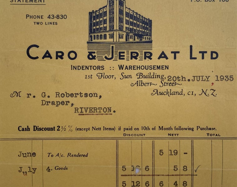 OLD INVOICE / RECEIPT: from Caro & Jerrat Ltd - Warehousemen, Auckland 1935 Carousel 1