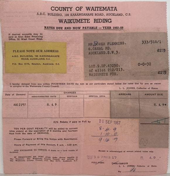 OLD INVOICE / RECEIPT: Rates from County of Waitemata / Waikumete Riding 1957 Carousel 1