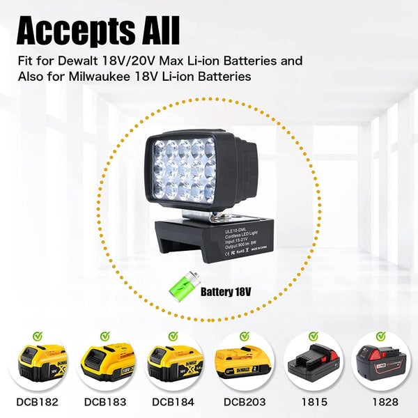 Cordless 900LM Lamp Torch Spotlight Work Light Flashlight For Dewalt & MIlwaukee Carousel 2