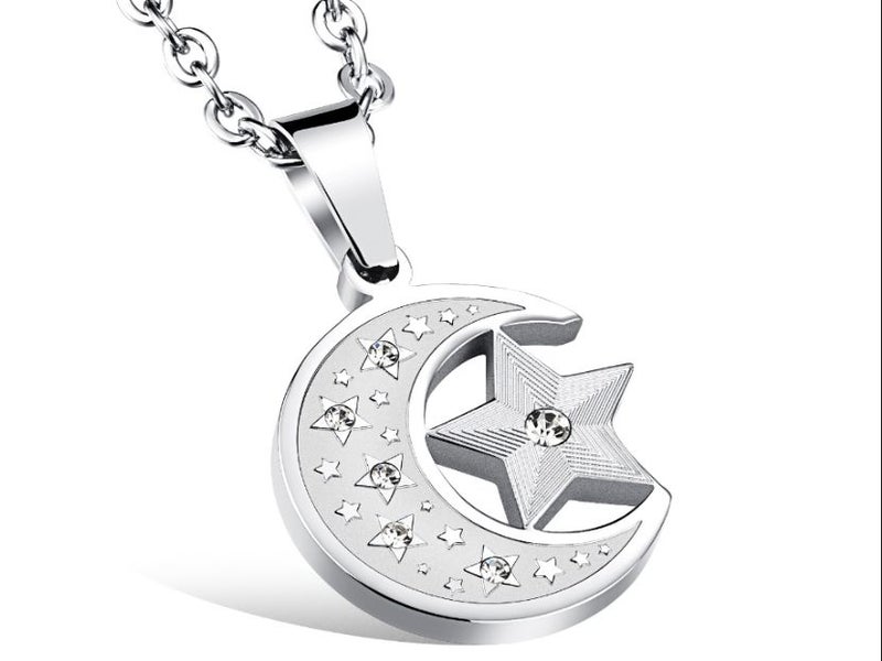 Cubic Zirconia Stainless Steel Necklace Moon & Star Pendant Carousel 1