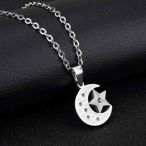 Cubic Zirconia Stainless Steel Necklace Moon & Star Pendant Carousel 2