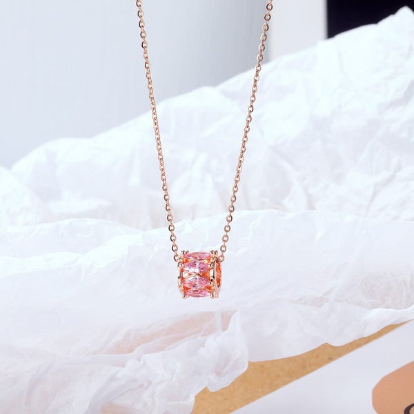 Geometric Design Pink Topaz Stainless Steel Necklace Collarbone Chain Carousel 2