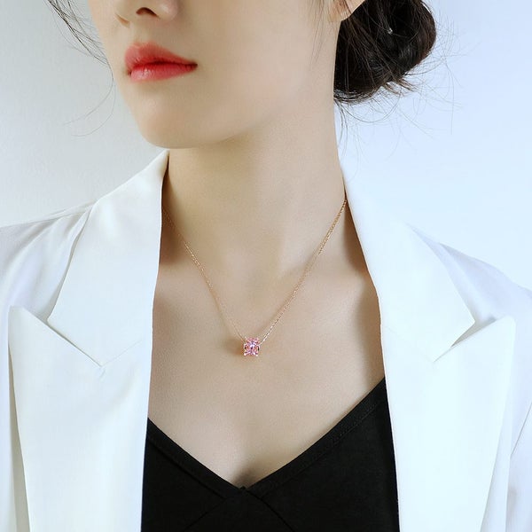 Geometric Design Pink Topaz Stainless Steel Necklace Collarbone Chain Carousel 4
