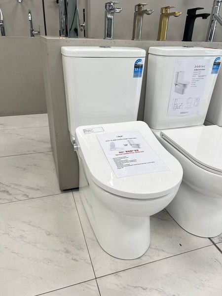 Smart Wash Electric Bidet Toilet Seat + Rimless Comfort Height Toilet Combo Carousel 1
