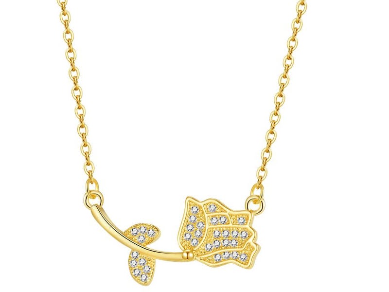 Rose Pendant Stainless Steel Jewelry Cubic Zirconia Yellow Gold Necklace Carousel 1