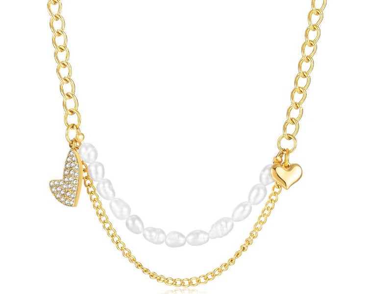 Double-layered Natural Fresh Water Pearls Heart Cubic Zirconia Necklace Carousel 1