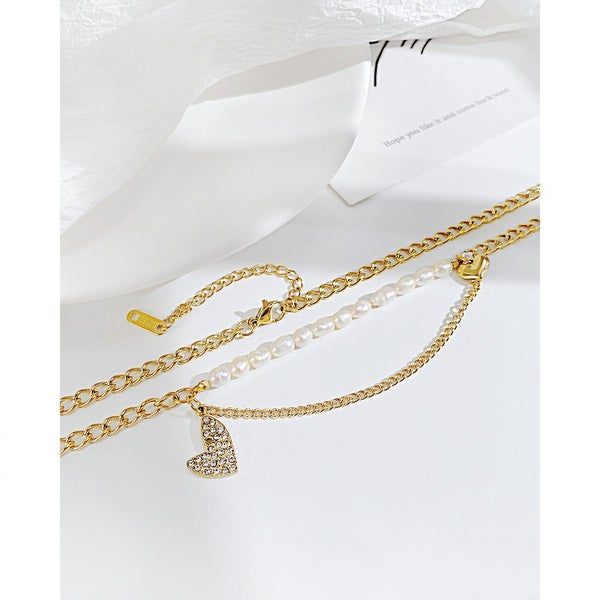 Double-layered Natural Fresh Water Pearls Heart Cubic Zirconia Necklace Carousel 2