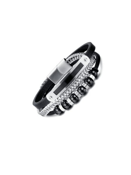 Men's Titanium Steel Genuine Leather Strand Bracelet Carousel 1
