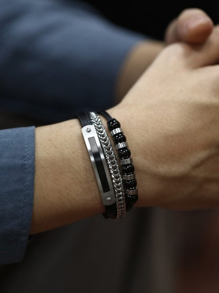 Men's Titanium Steel Genuine Leather Strand Bracelet Carousel 2