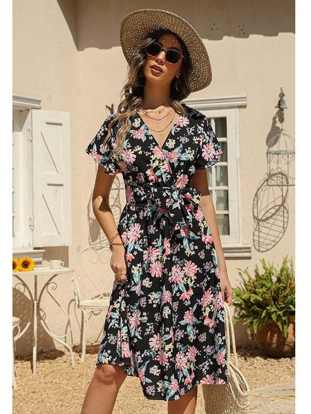 Summer Floral Print Midi Dress Women Robe Elegant Chic Short Sleeve V Carousel 1