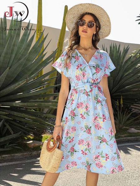 Summer Floral Print Midi Dress Women Robe Elegant Chic Short Sleeve V Carousel 2