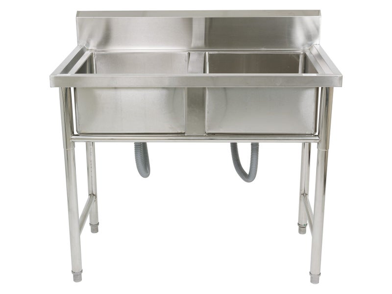 1.1m Stainless Steel Commercial Kitchen Double Sink Bench with Splashback Carousel 2