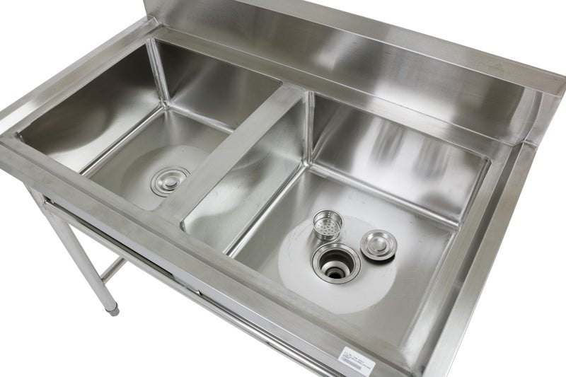 1.1m Stainless Steel Commercial Kitchen Double Sink Bench with Splashback Carousel 3