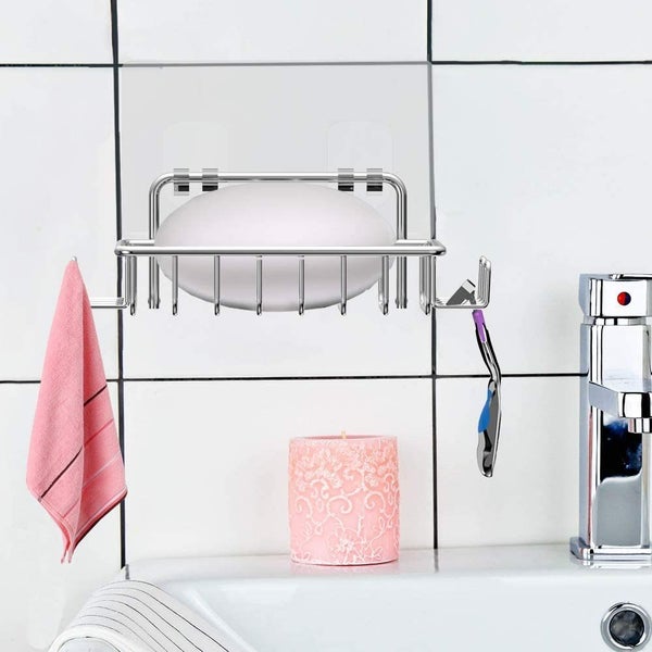 Nieifi Bar Soap Holder for Shower Wall with 4 Hooks, Stainless Steel Adhesive Soap Dish for Bathroom, Silver