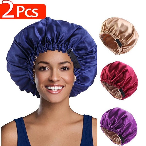 2Pcs Set Large Satin Bonnet Silk Night Sleeping Cap Long Satin Bonnet Carousel 2
