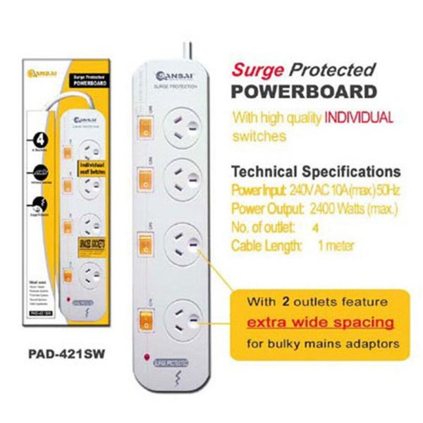 Sansai 4-Way Individually Switched Power Board Overload Surge Protection 1m Cord Carousel 2