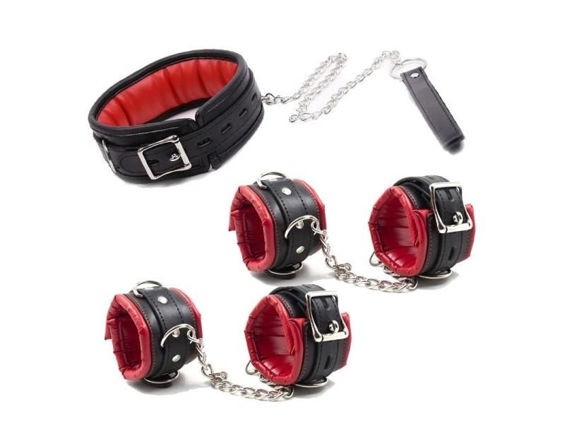PU Leather Padded Wrist Cuffs Ankle Cuffs Neck Collar Set BDSM Leather Bondage Carousel 2