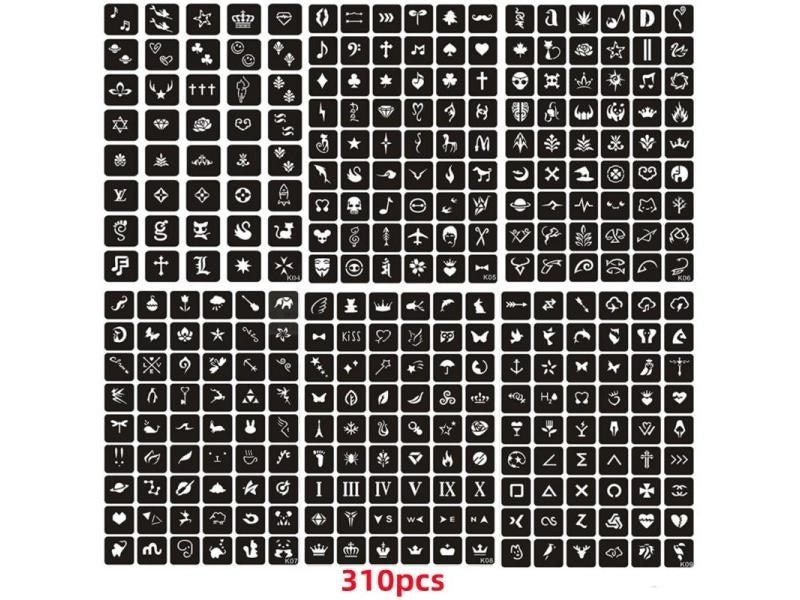 310pcs/set Small Finger Glitter Tattoo Stencils Reusable Cat Butterfly Henna Carousel 1