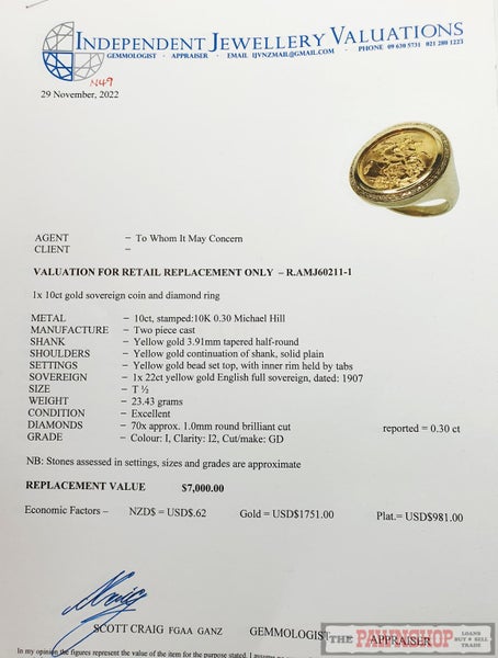 Dated 1907 22ct Yellow Gold English Full Sovereign Coin Ring With Diamond Carousel 7