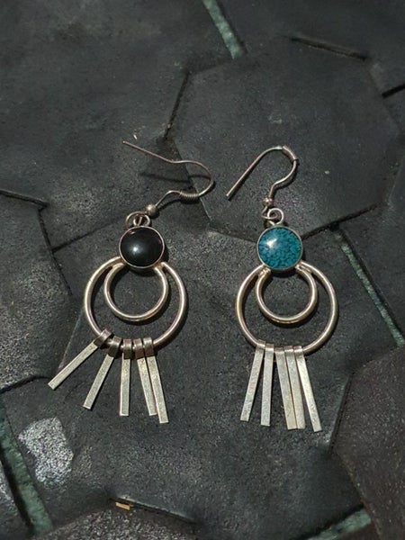 Vintage Silvertone Bohemian Turquoise Drop Earrings Carousel 2