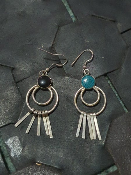 Vintage Silvertone Bohemian Turquoise Drop Earrings Carousel 1