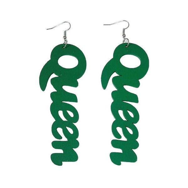 Queen Wood Dangle Pierced Earrings -Green Carousel 1