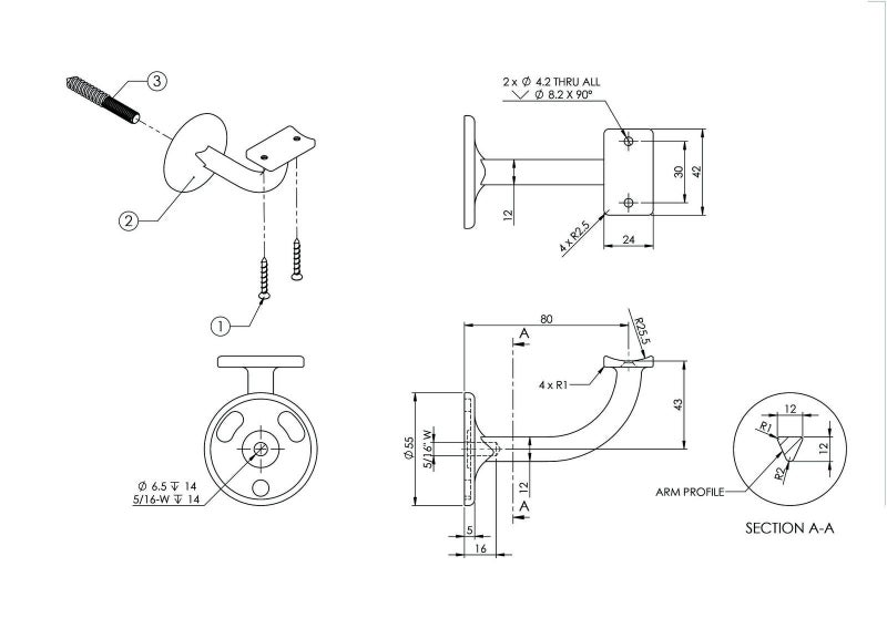 Emro 443 Stair Hand Rail Bracket Extended Centre Concealed Fix 80mm Carousel 2