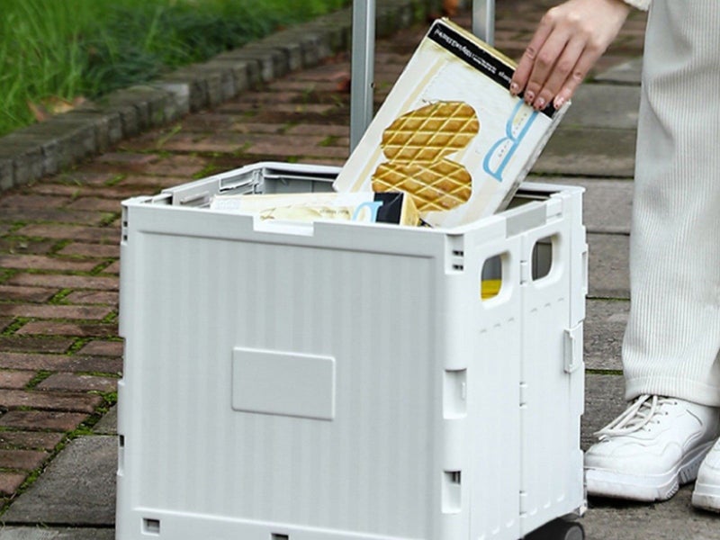 Folding Utility Cart Rolling Crate Handcart with Lid for Camping Shopping Grey Carousel 2
