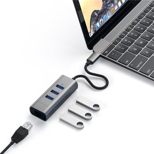 SATECHI Aluminum 2-in-1 3 Port USB Hub & Ethernet 3x USB-C USB3.0 - 1x Ethernet Carousel 3