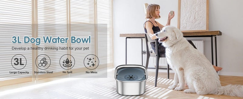 3L Dog Water Bowl 101oz Stainless Steel Dog Bowl No Spill Large Capacity Carousel 2