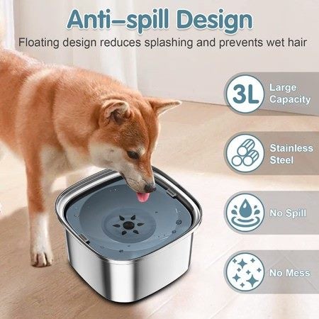 3L Dog Water Bowl 101oz Stainless Steel Dog Bowl No Spill Large Capacity Carousel 1