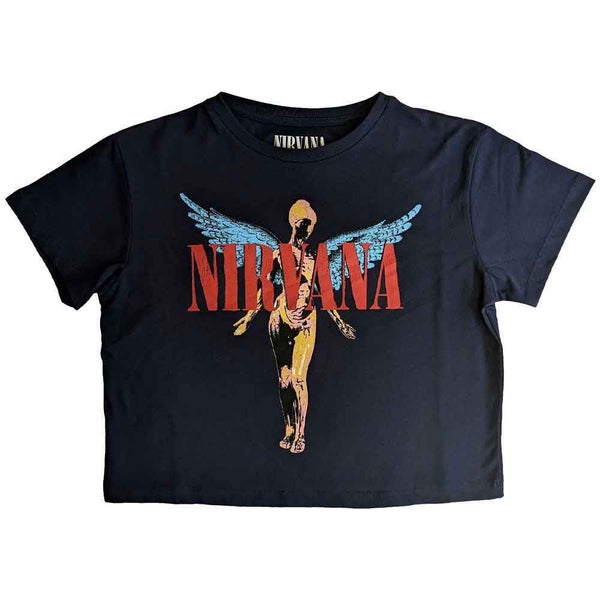 Nirvana Crop Top T Shirt In Utero Angelic Band Logo new Official Womens Navy Carousel 1
