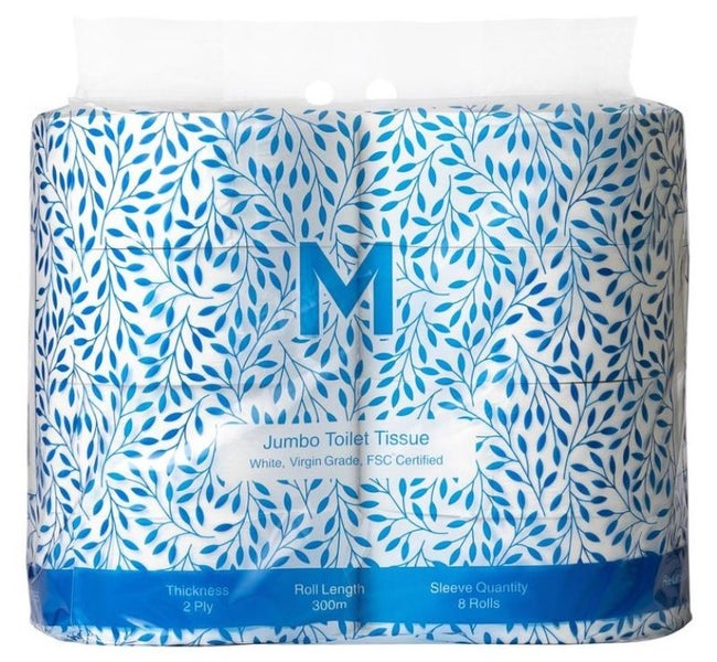 Virgin Jumbo Toilet Tissue Pack - White, 2 Ply, 300m (Pack of 8) Carousel 1