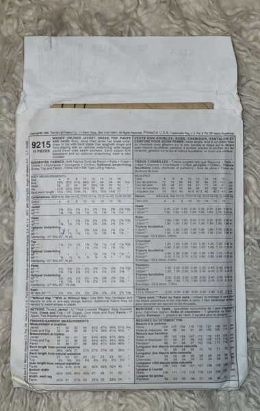 MCCALLS 9215 - MISSES UNLINED JACKET, DRESS, TOP - SIZE C (10,12,14)64525253934081111