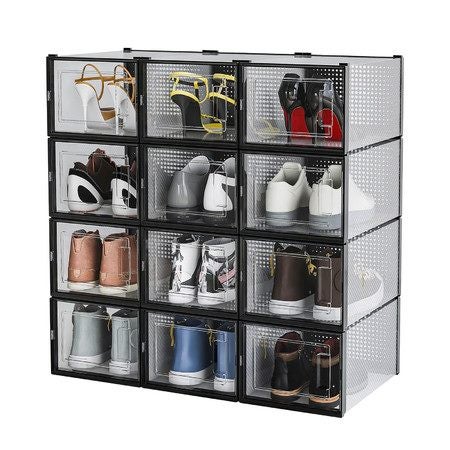 12PCS Stackable Shoe Storage Box Sneaker Display Case Shelf Rack Black Carousel 1