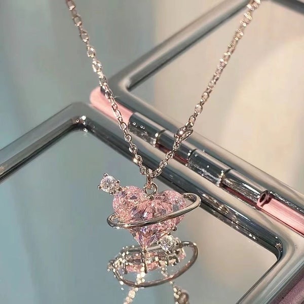 Heart Necklace Translucent Pink Topaz Fashion Style Cubic Zirconia Necklace Carousel 2