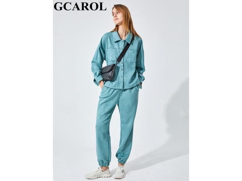 GCAROL Women Tracksuits Velvet Jacket Pants Oversized Coat Elastic Waist Carousel 2