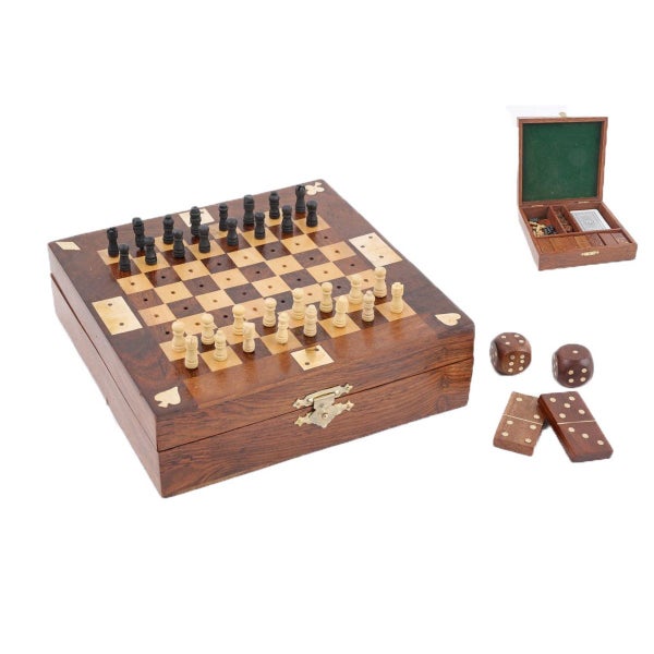WOODEN GAME SET - CARDS/DICE/DOMINOES/ CHESS Carousel 1