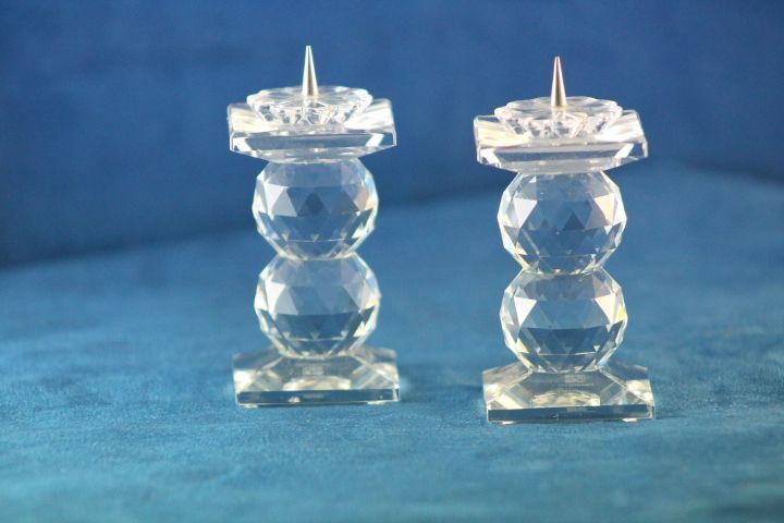 Stunning Swarovski Crystal 2 Faceted Ball Pillar Candle Holders with Spike Top#1 Carousel 2
