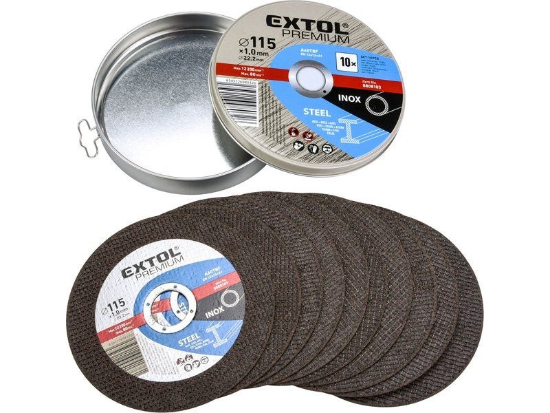 EXTOL PREMIUM 10 Pack Cutting discs for steel / stainless steel, 115x1.0x22.2mm Carousel 1
