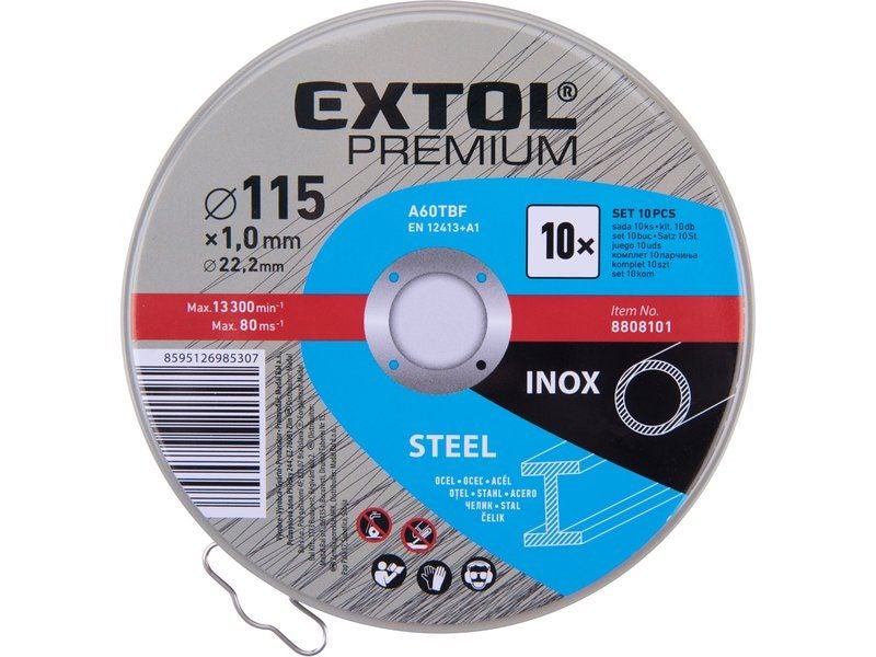 EXTOL PREMIUM 10 Pack Cutting discs for steel / stainless steel, 115x1.0x22.2mm Carousel 2